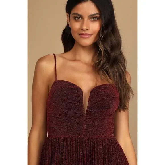 Lulus Shine Tonight Red Sparkly Pleated Skater Dress - Picture 3 of 12